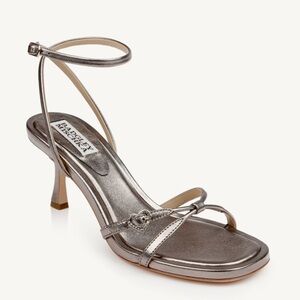Badgley Mischka Metallic Silver Strappy Ankle‑Wrap Heels